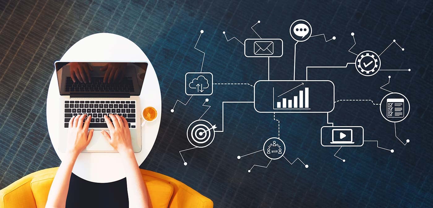 Graphic showing laptop and icons of home builder digital marketing channels
