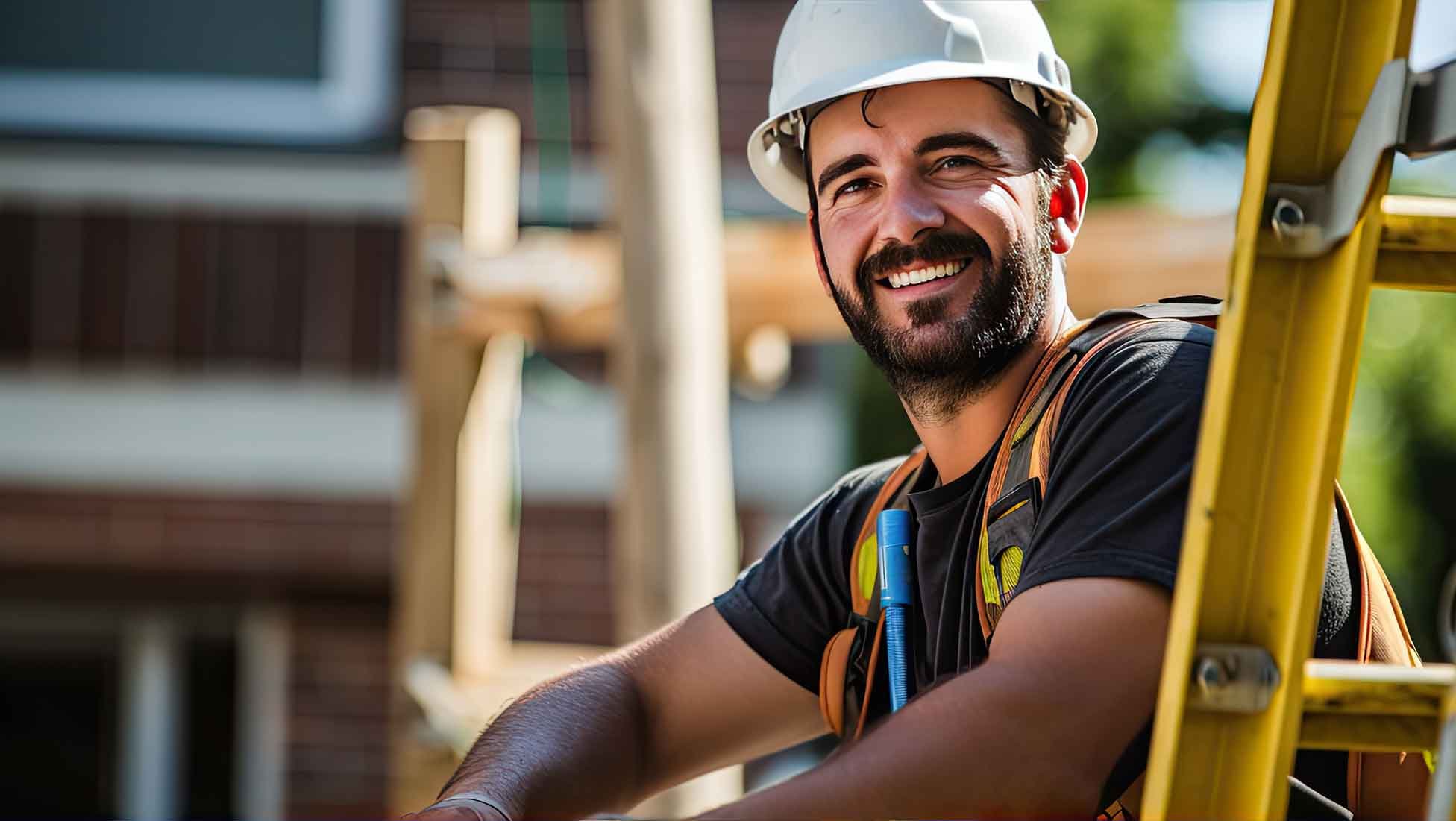 Home-Building-Supervisor-standing-on-ladder-smiling-at-camera