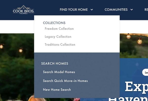 Home Search Options listed on builder website home page