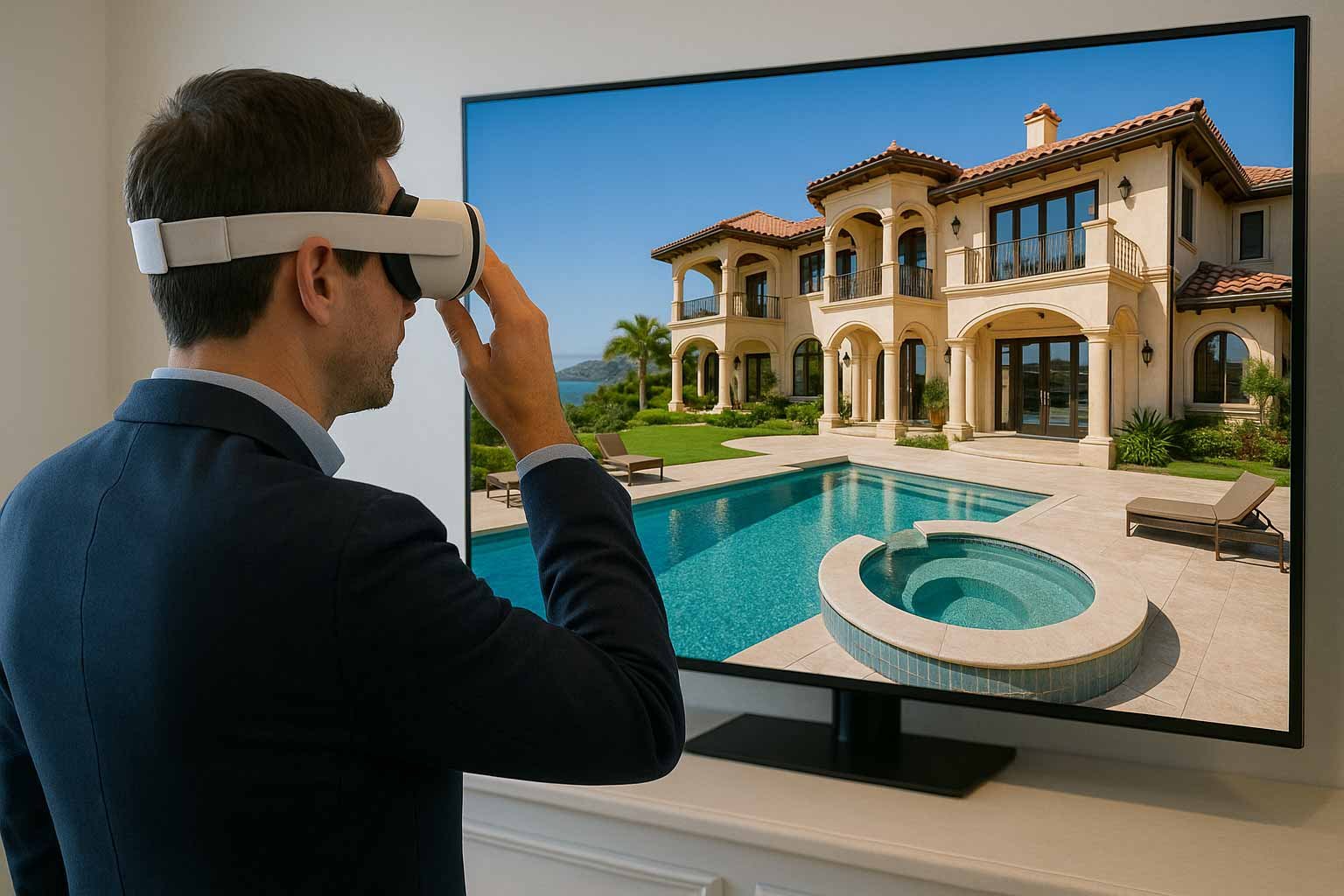 Man in suit using Virtual Reality to tour a tuscan style luxury new home
