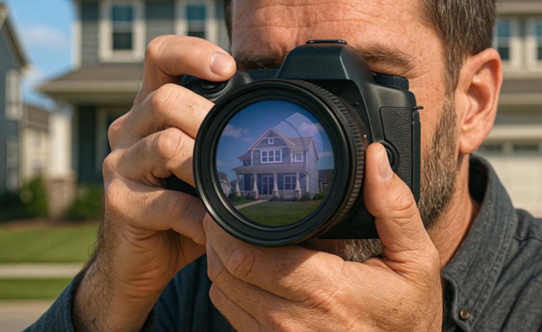 New home photographer holding camera shooting a home exterior