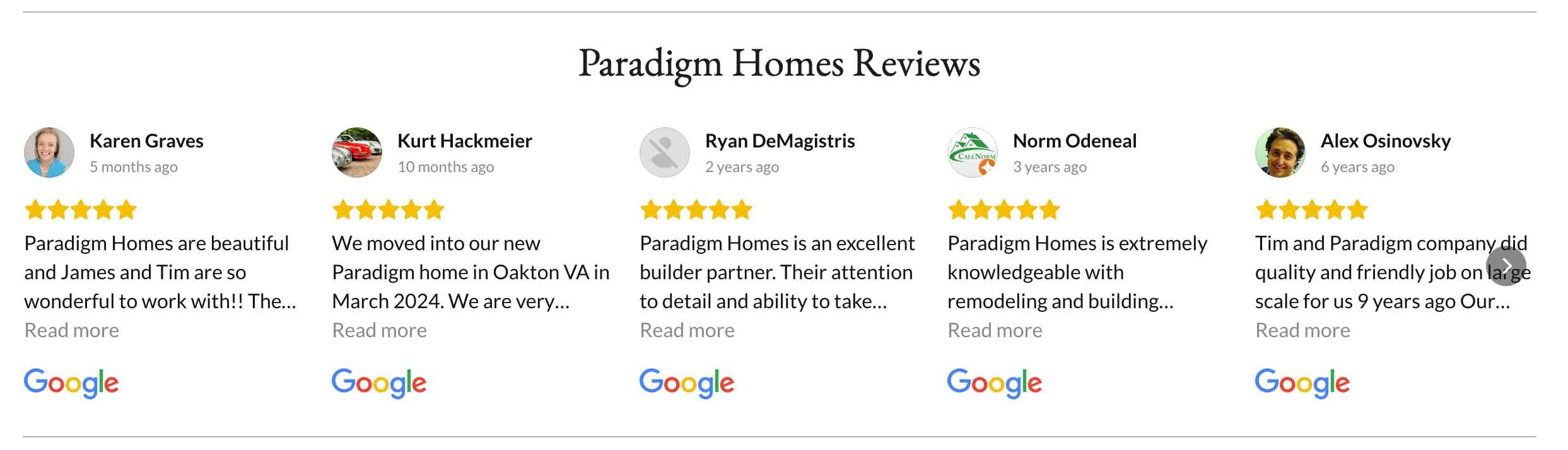Paradigm google reviews on home page section