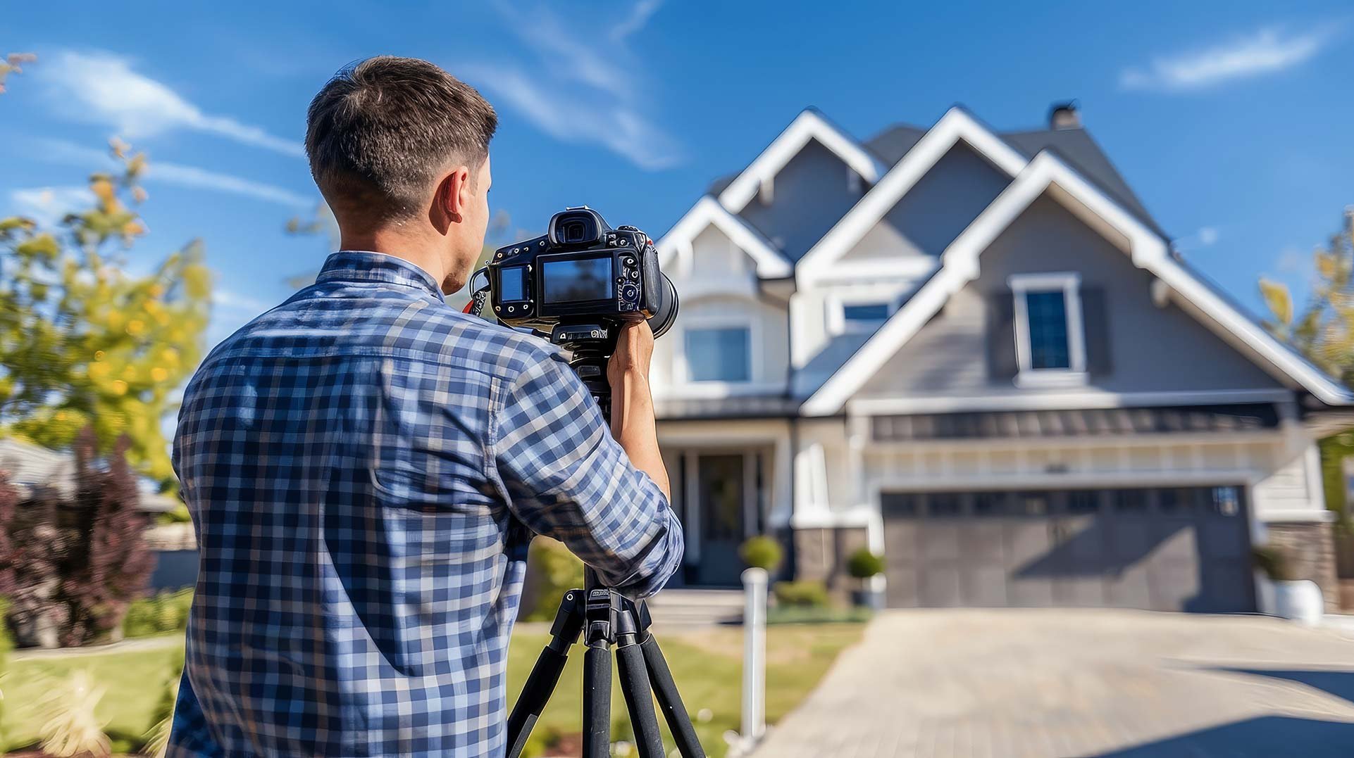 Photographer-setting-up-to-shoot-a-new-home-exterior