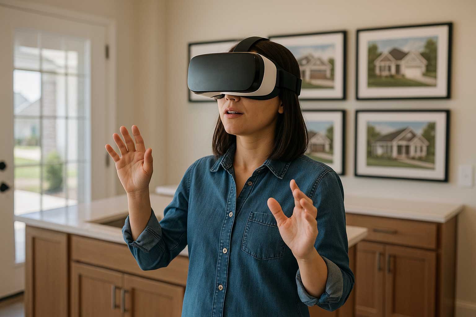 Woman in new home sales office wearing virtual reality goggles