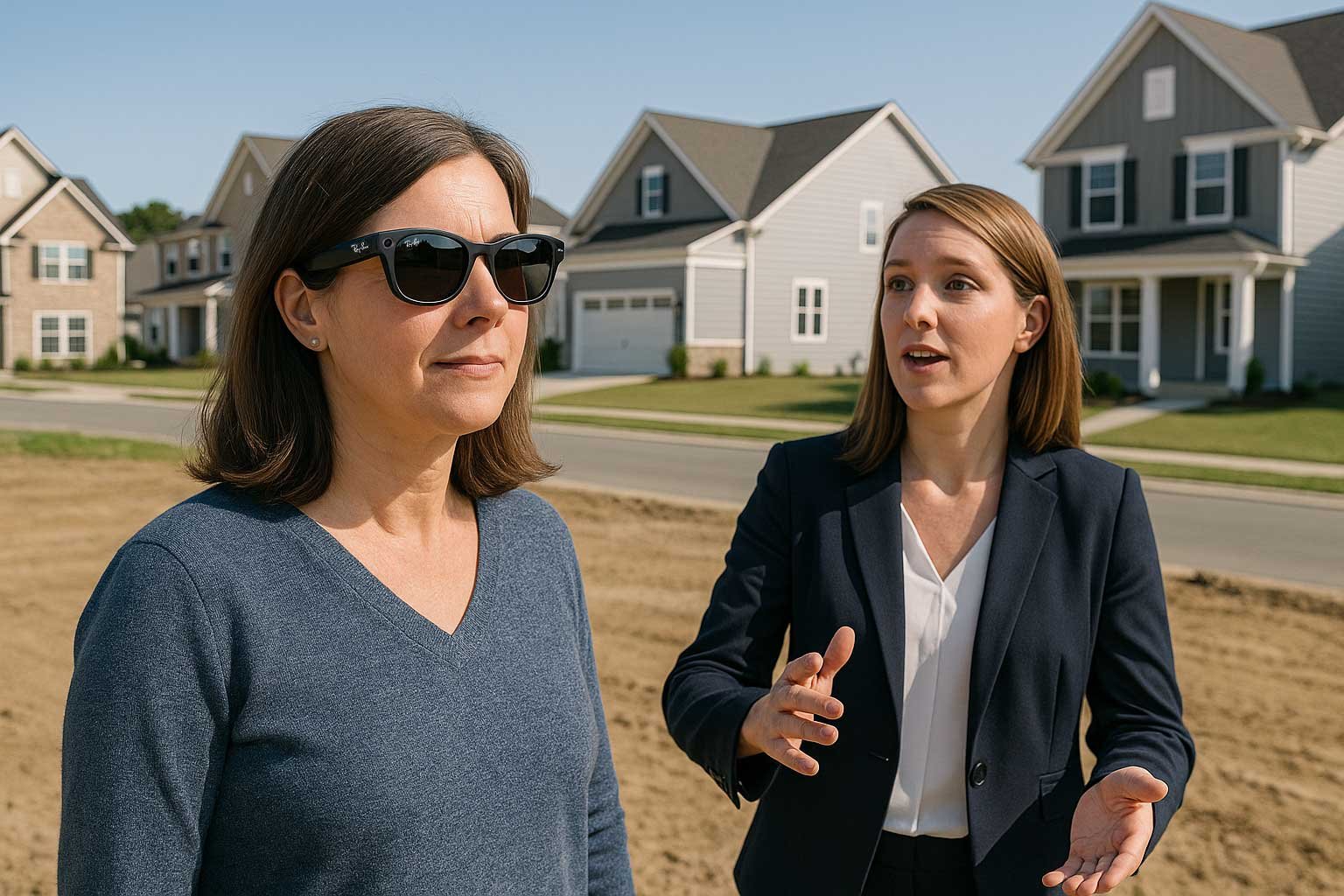 Woman looking at a home builders lot wearing AR glasses