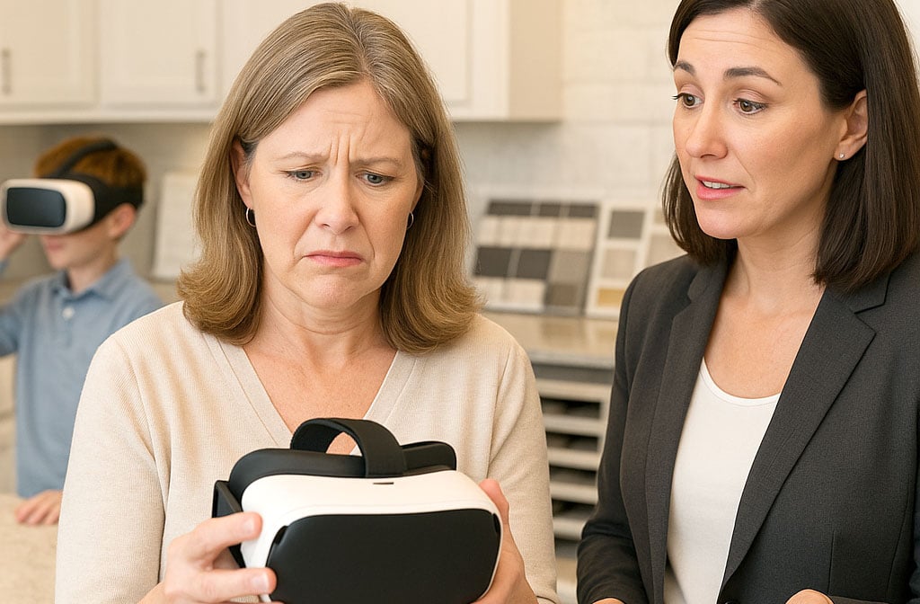 Woman staring confusedly at a VR headset inside a design studio