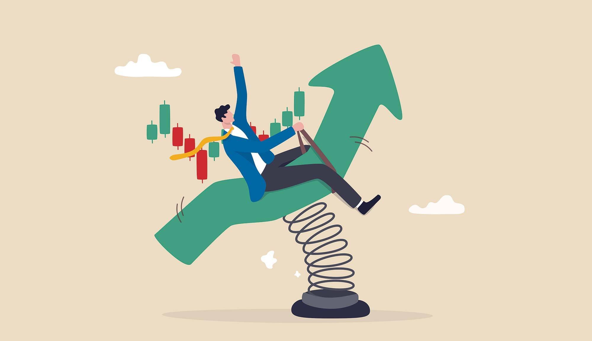 illustration of a marketer riding an arrow like a bull
